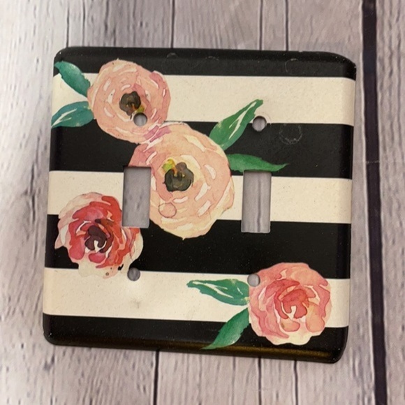 Pink Floral Dual Switch Light Switch Cover with Black and White Stripes - Picture 2 of 3
